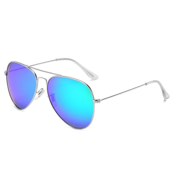 Polarised Aviator UV400 Sunglasses with Silver Frame & Blue/Green Lenses