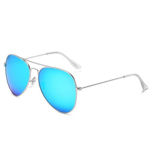 Polarised Aviator UV400 Sunglasses with Silver Frames, Turquoise Lenses